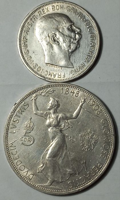 5 корон 1908, 2 корони 1912   Австро- Угорщина. Срібло.