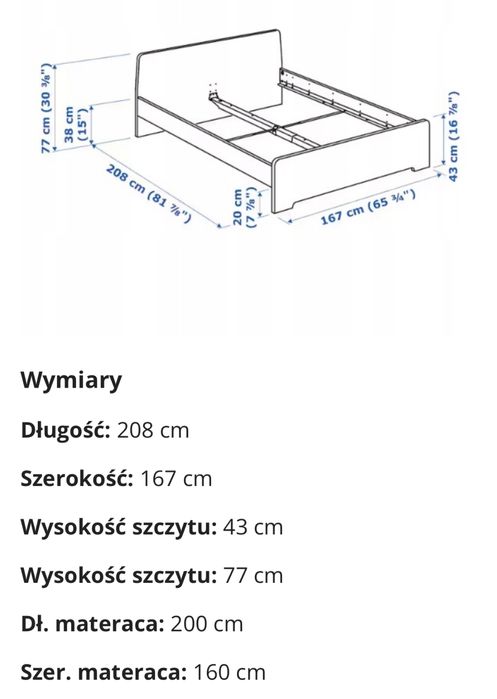 Białe łóżko dwuosobowe z materacem, 160x200cm, ikea ASKVOLL 2os.