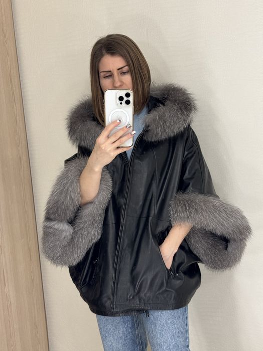Шкіряна куртка з хутром чернобурка кожаная куртка осень зима летучка