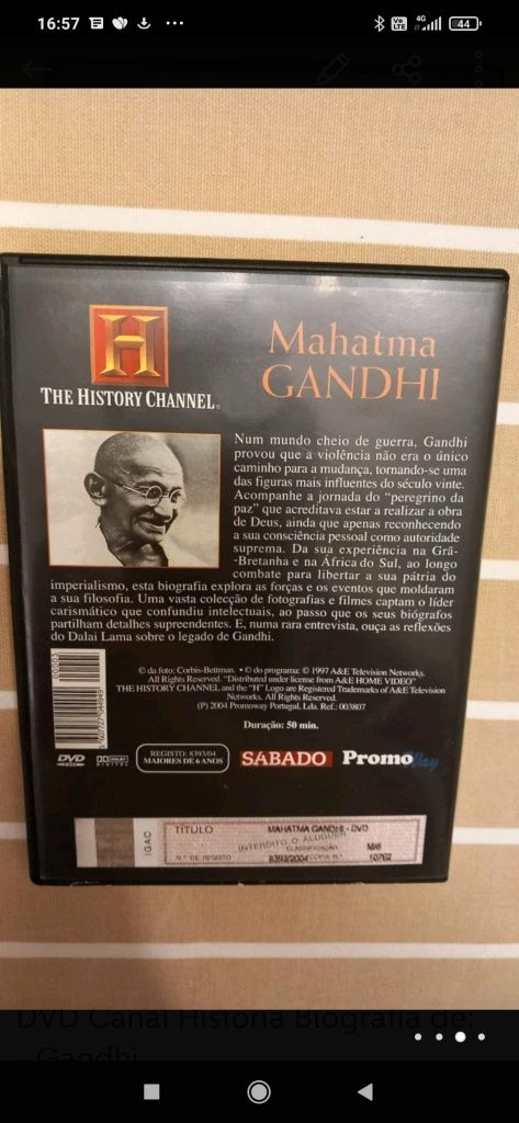 DVD Canal História Biografia Gandhi Mandela
- Gandhi
- Mandela 

1 DVD