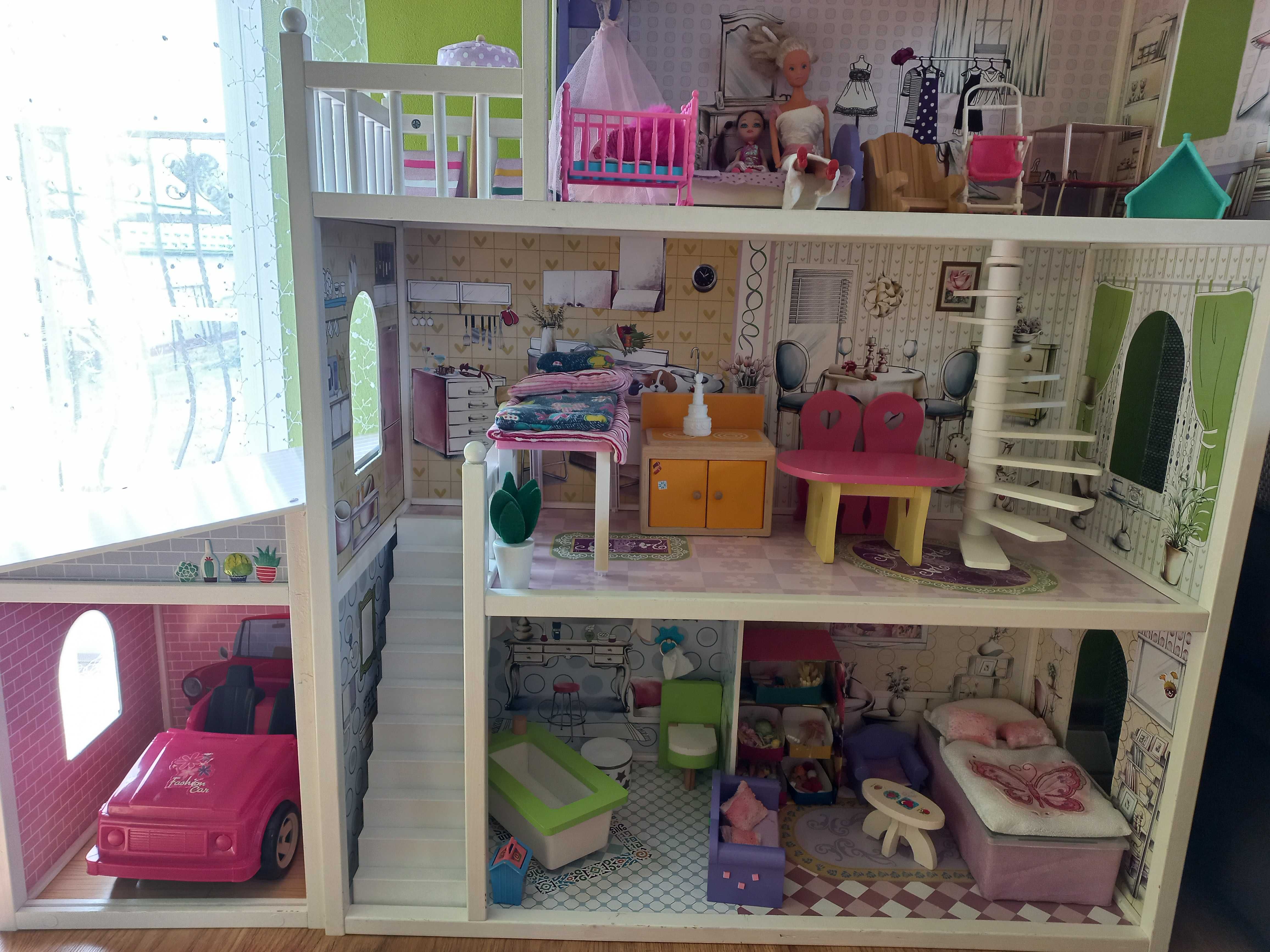 Domek drewniany XXL dla lalki barbie z garażem, wyposażeniem i lalkami