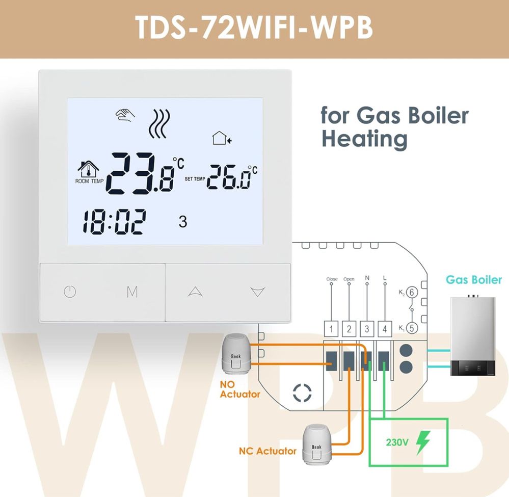 Termostat Beok TDS72-WIFI-WPB-TY do stwrowania kotłem gazowym