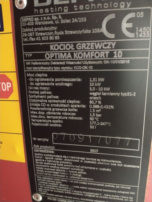 Części defro Optima komfort 10 kw