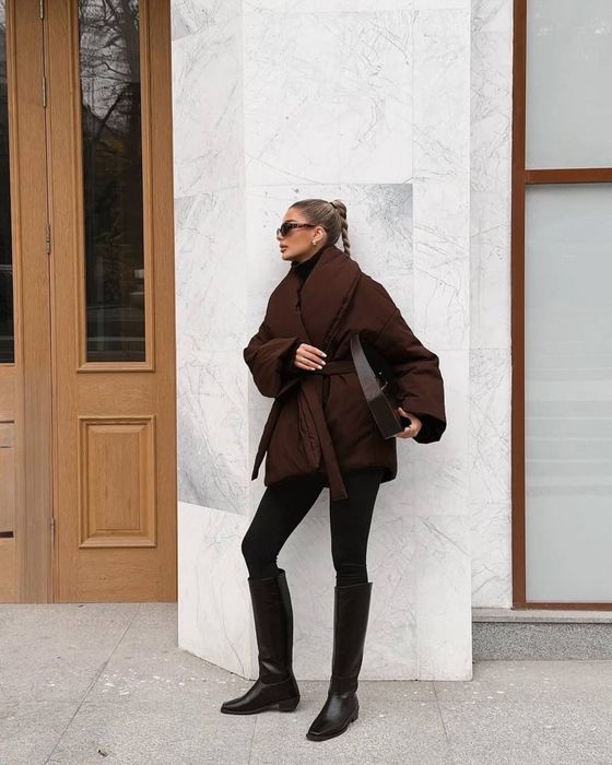 Жіноча зимова куртка на запах з поясом, 42-48 (чорна/синя/коричнева)