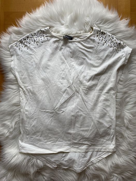 Bluzka damska krótki rękaw ecru z perłami