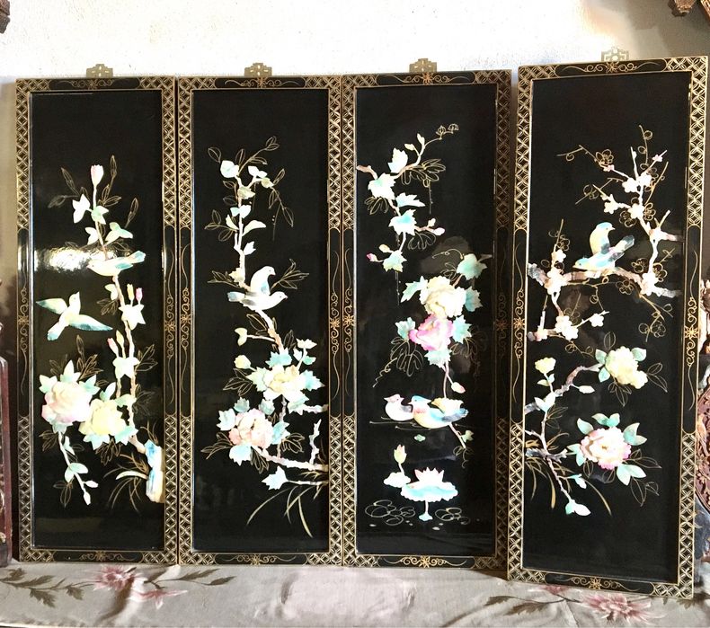 Quadros placas chinesas antigas lacadas e madre pérola oriental