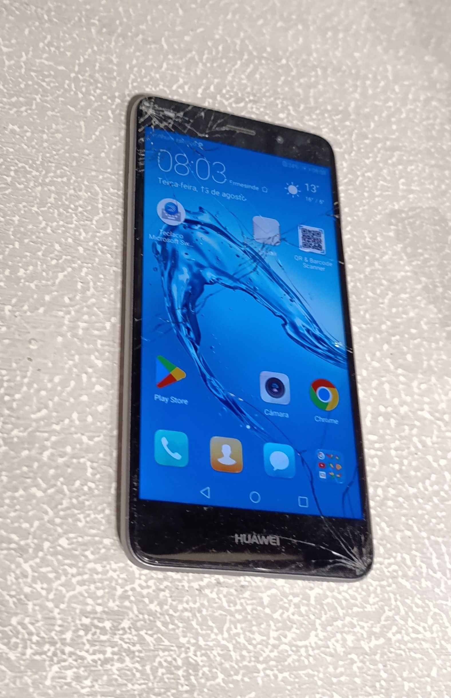 Smartphone Huawei Y7 + acessórios (ecrã rachado s/ interferências)