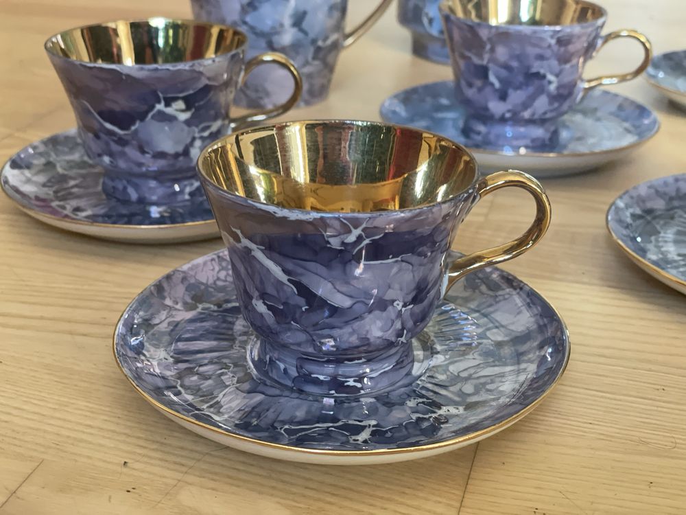 Chodzież zestaw komplet ceramiki do kawy herbaty niebieski złocony PRL