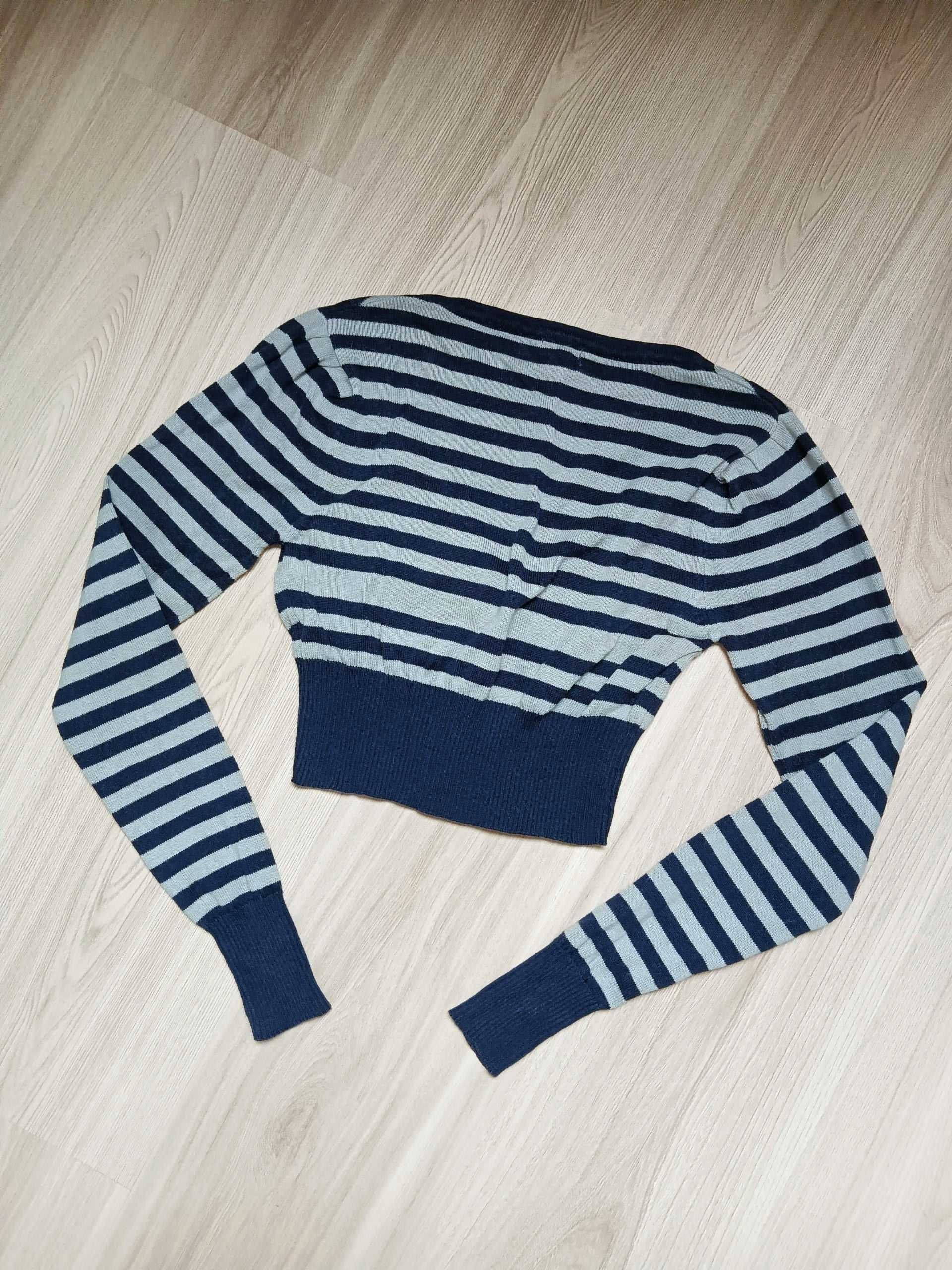 Sweter crop top dzianinowy szaro niebieski w paski S