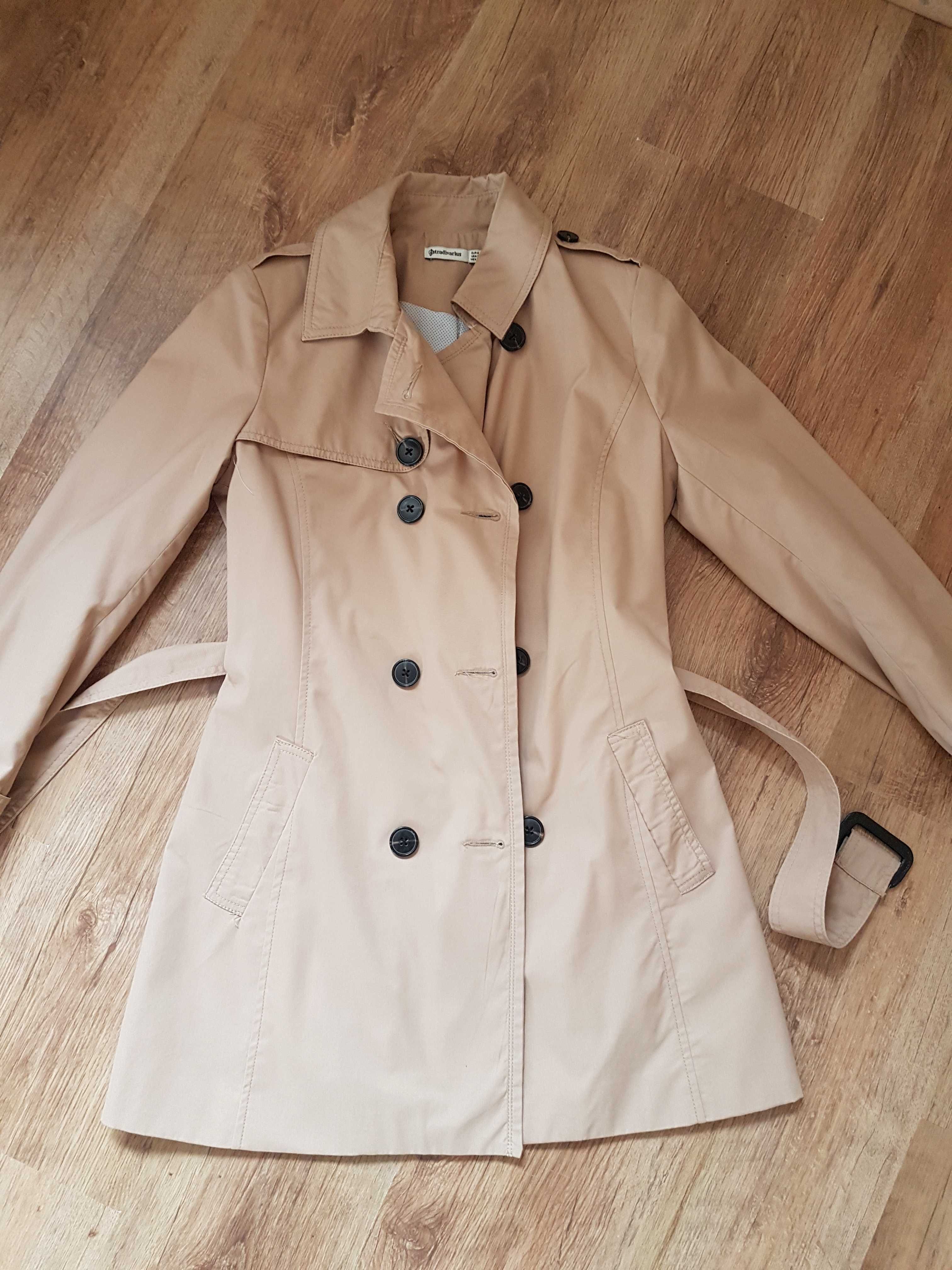 Trencz Stradivarius 36 płaszczyk beżowy brązowy midi płaszcz