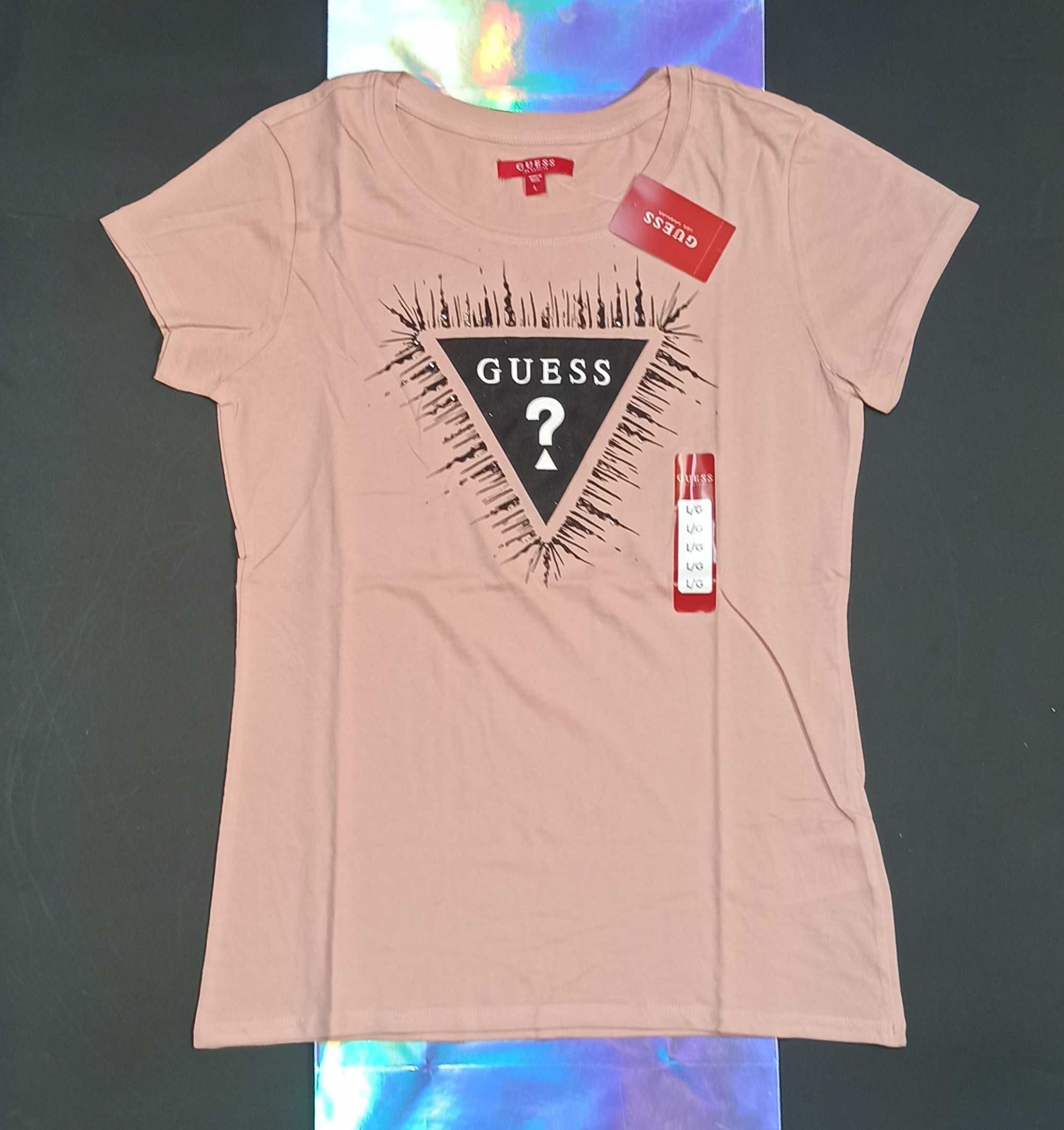 GUESS Oryginalny! Damski T-Shirt Koszulka Bluzka Rozowa & Trojkat