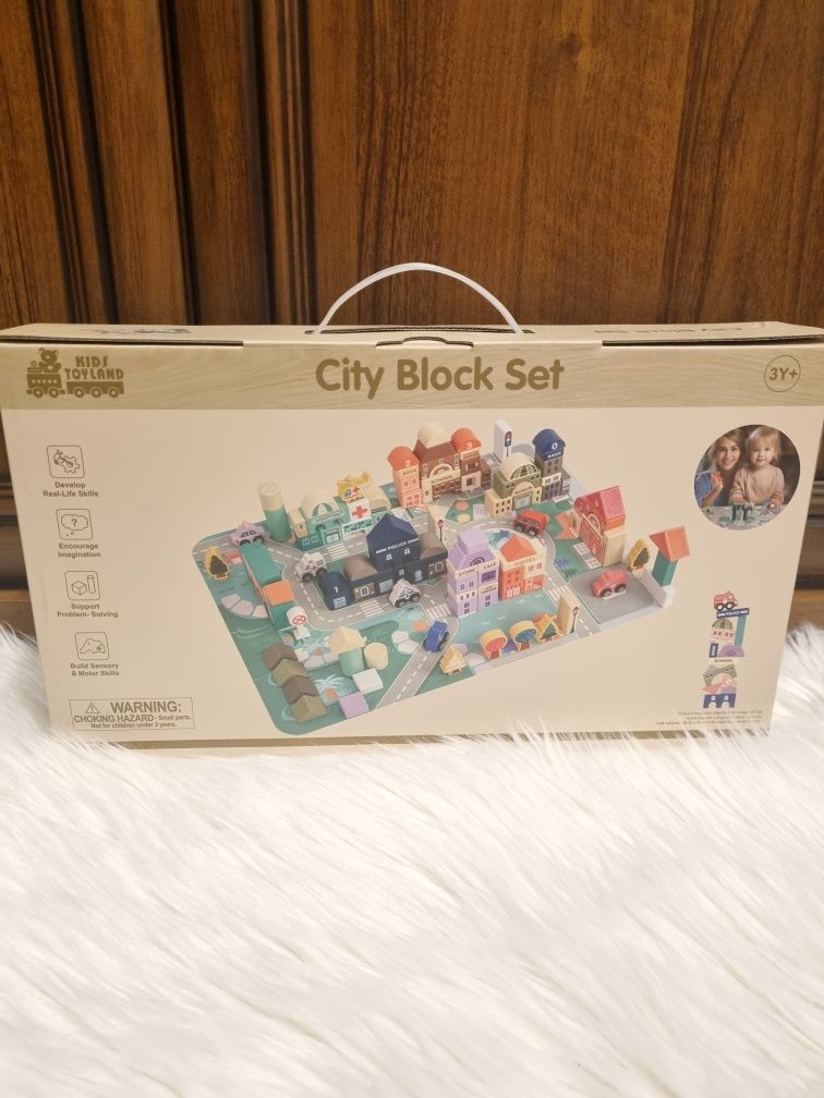 Pastelowy zestaw klocki drewniane miasteczko mata puzzle 115 elementów
