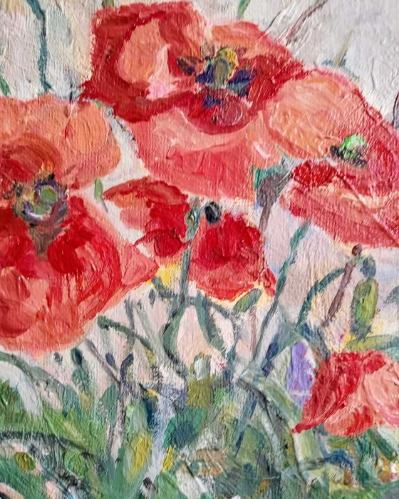 Maki i chabry w wazonie- obraz olejny