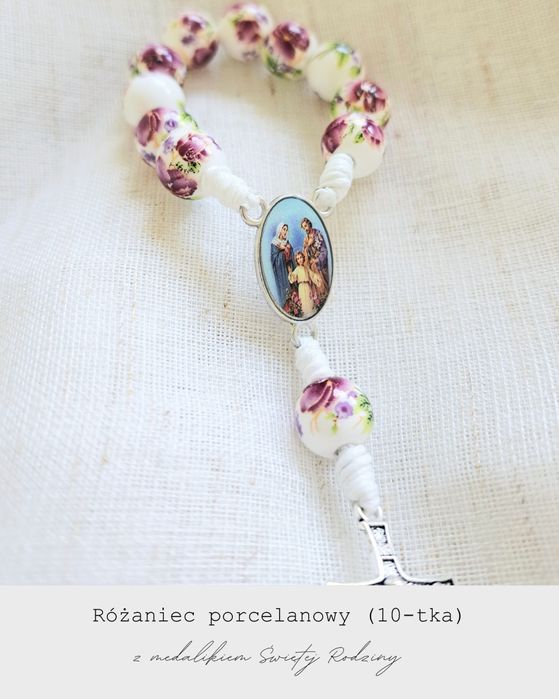 Porcelanowy Różaniec ze Świętą Rodziną (10-tka) Rękodzieło