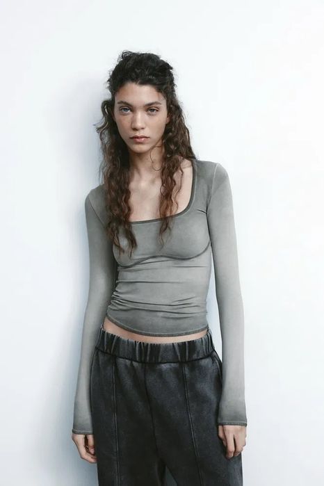 Жіночий лонгслів Zara з контрастною лінією грудей розмір xs s m l