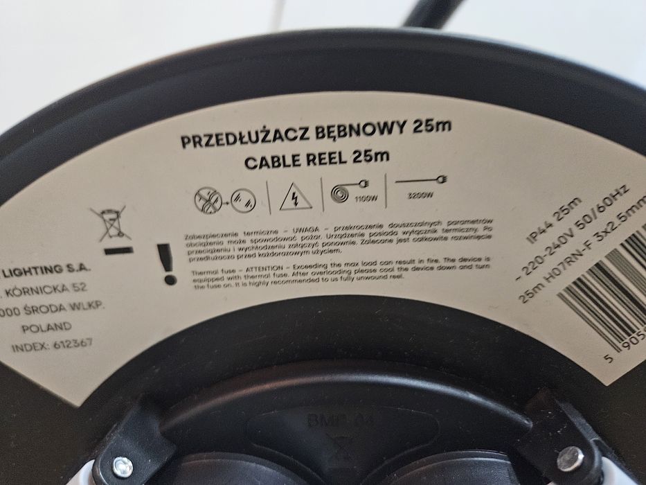 Przedłużacz bębnowy 25m 3x2.5mm, IP44. Konkretny