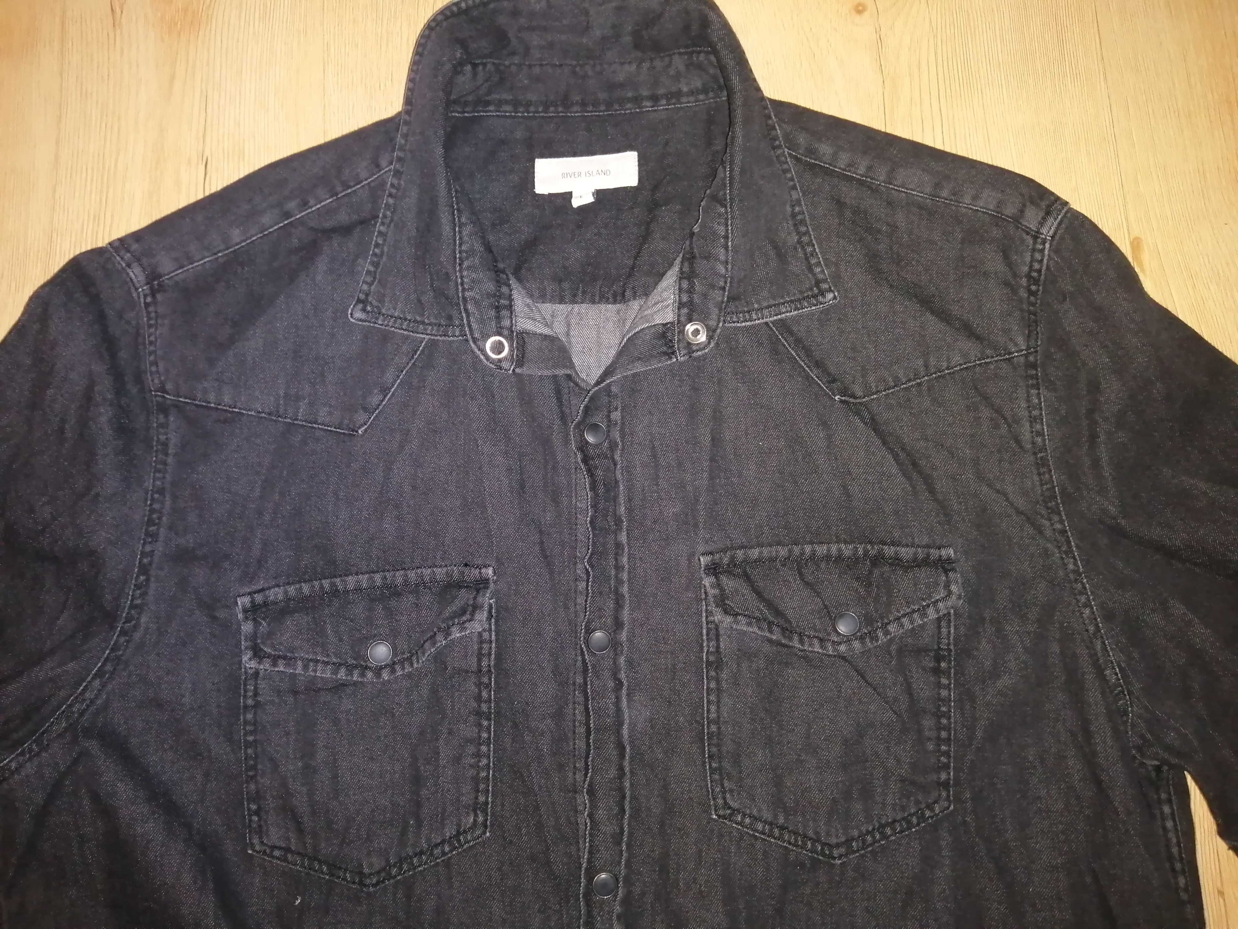 Czarna męska koszula z cienkiego jeansu z krótkim rękawem r.L\176 cm