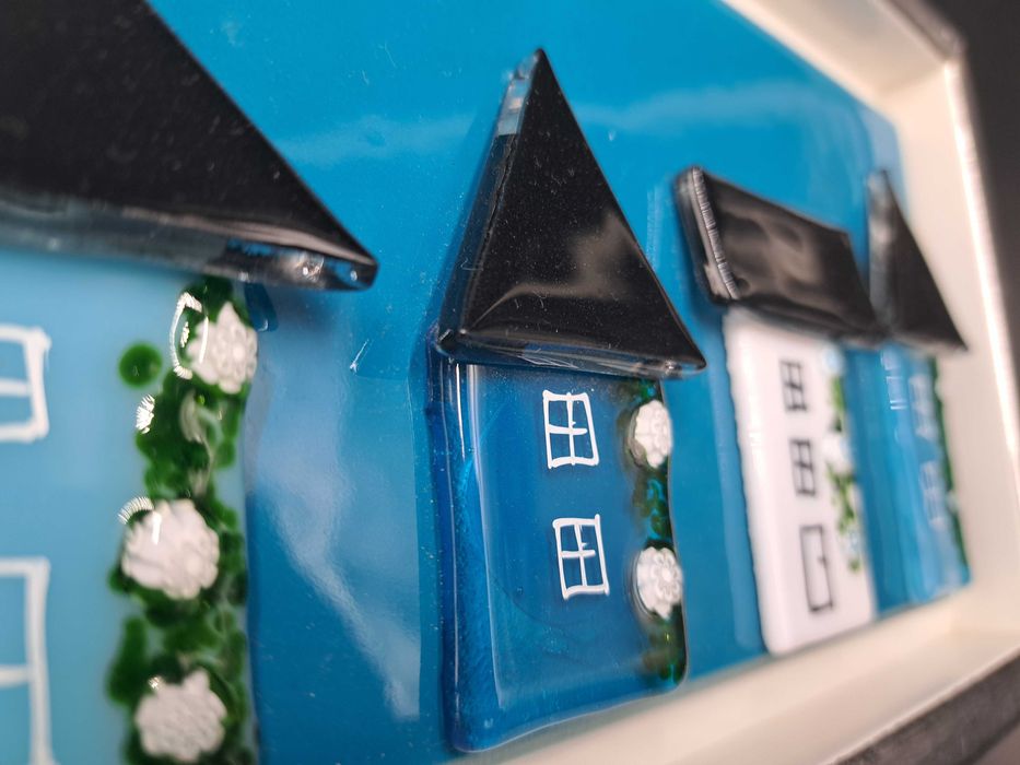 Obraz szkło Murano szklane domki domy na szklanej tafli srebrna rama