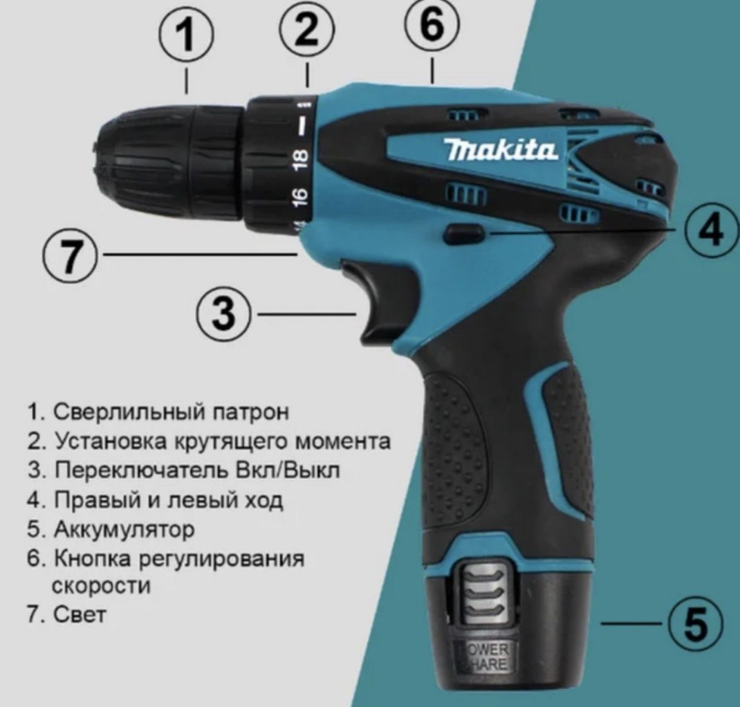 2АКБ Аккумуляторный шуроповерт Makita 12V с набором инструментов Дрель