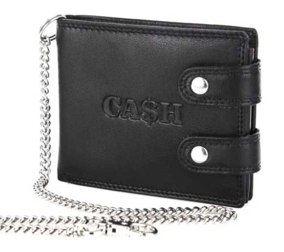 Duży, pojemny czarny skórzany portfel męski na łańcuchu Cash