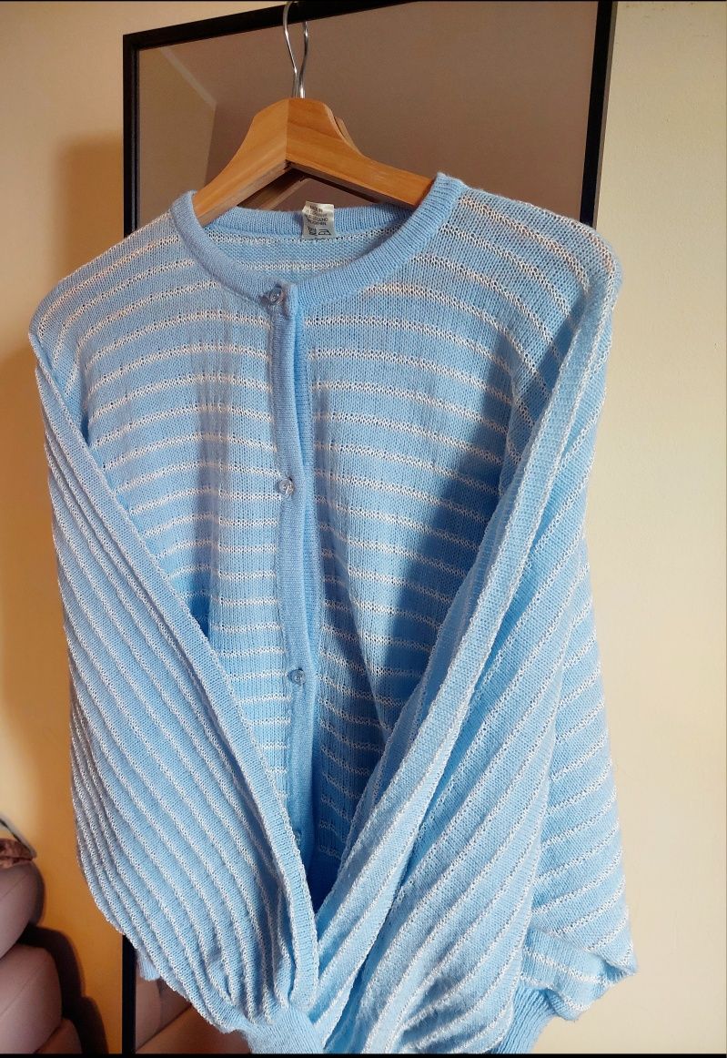 Vintage sweter kardigan błękitny biały paski nietoperzowy krój