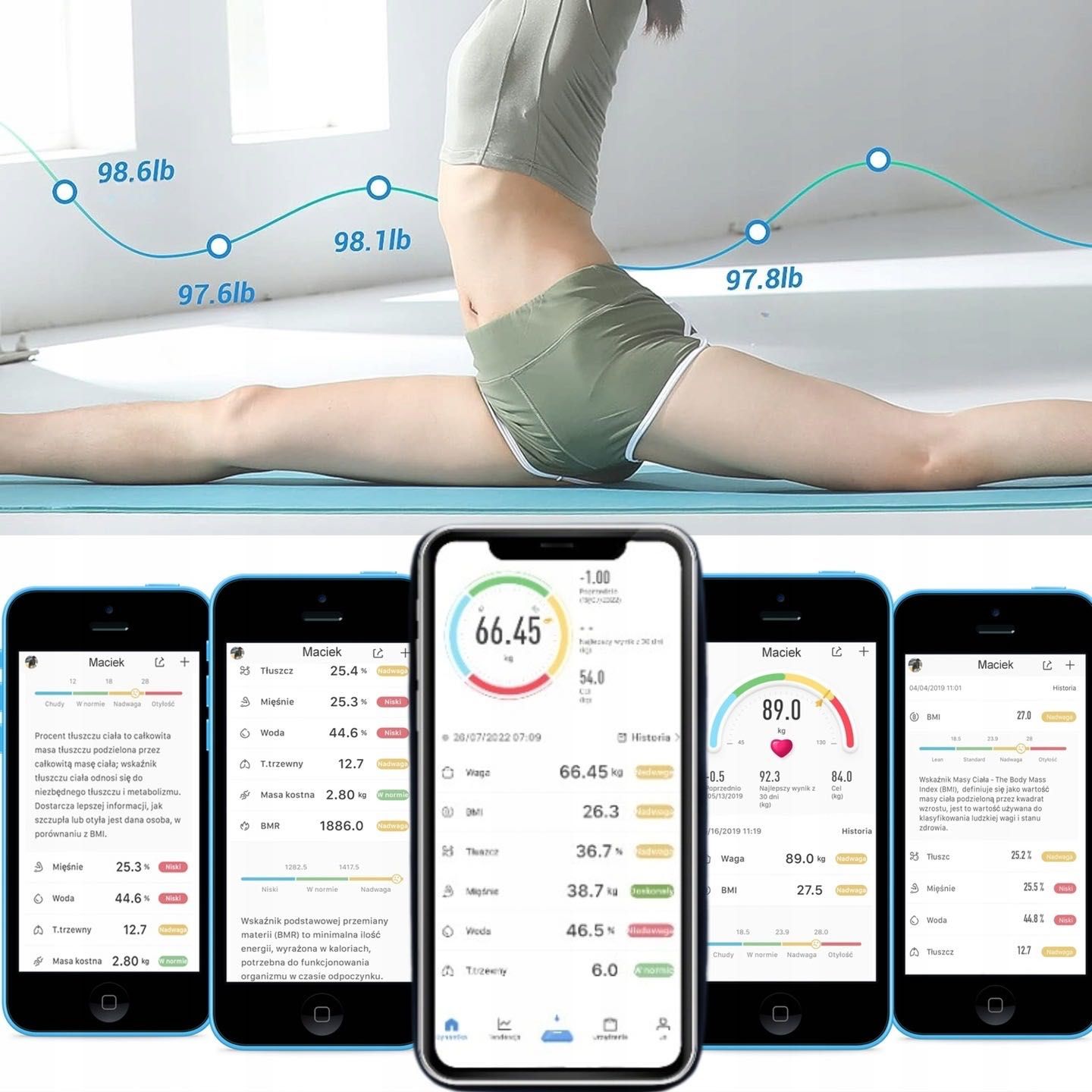 WAGA ŁAZIENKOWA Analityczna Slim 180KG Smart Bluetooth + 25w1 NOWA