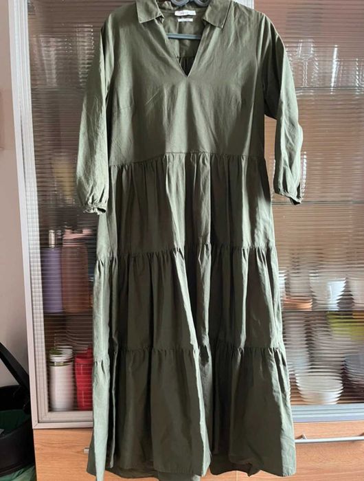 Reserved dluga maxi zielona khaki sukienka M