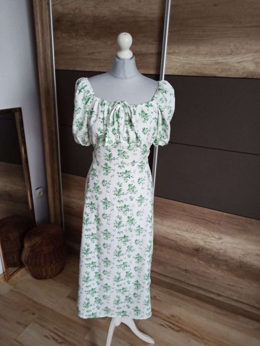 Biało zielona sukienka midi r. 42
