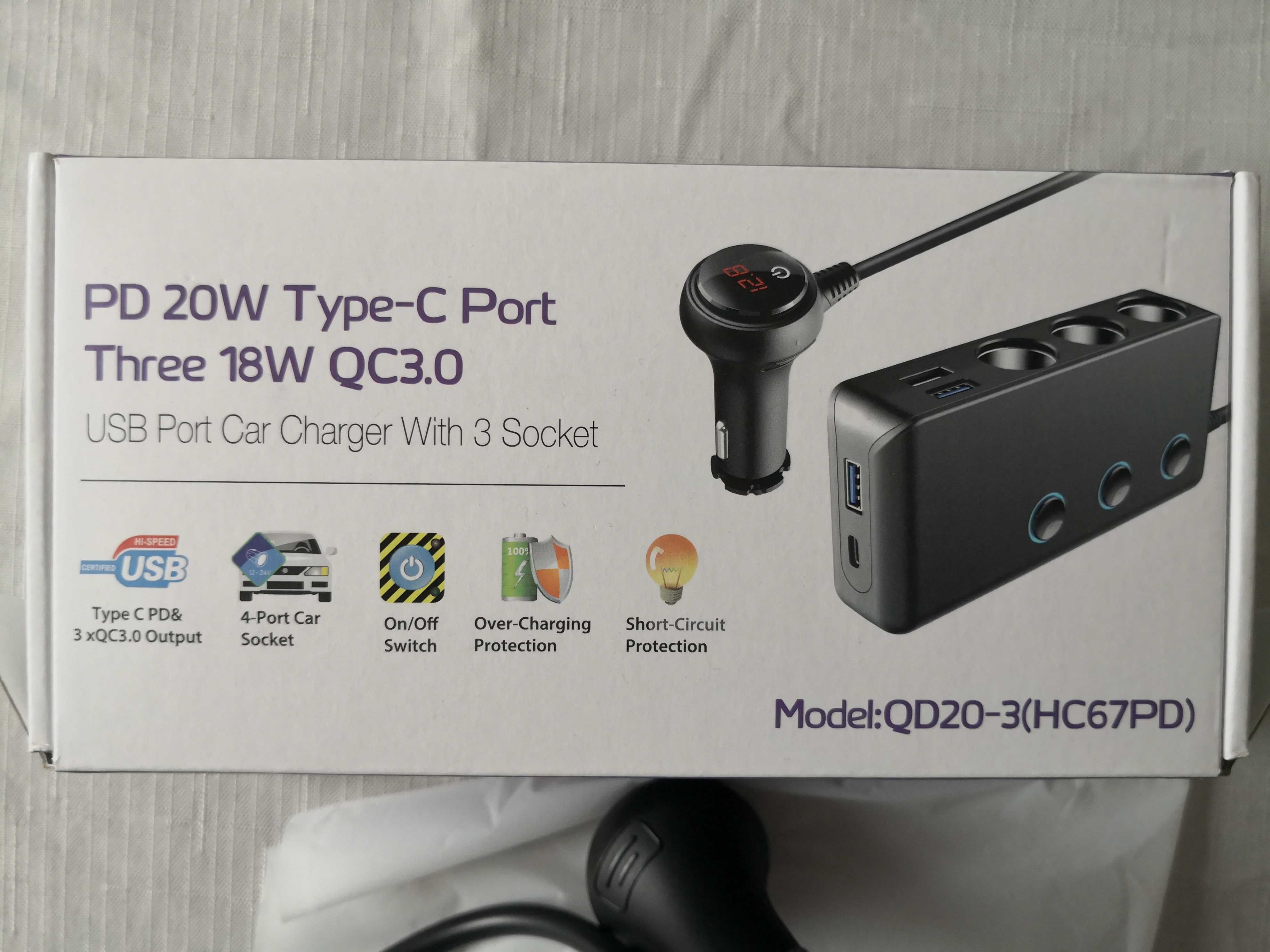 Rozdzielacz ładowarka gniazda zapalniczki 3x USB AQC 3.0 1xUSB C