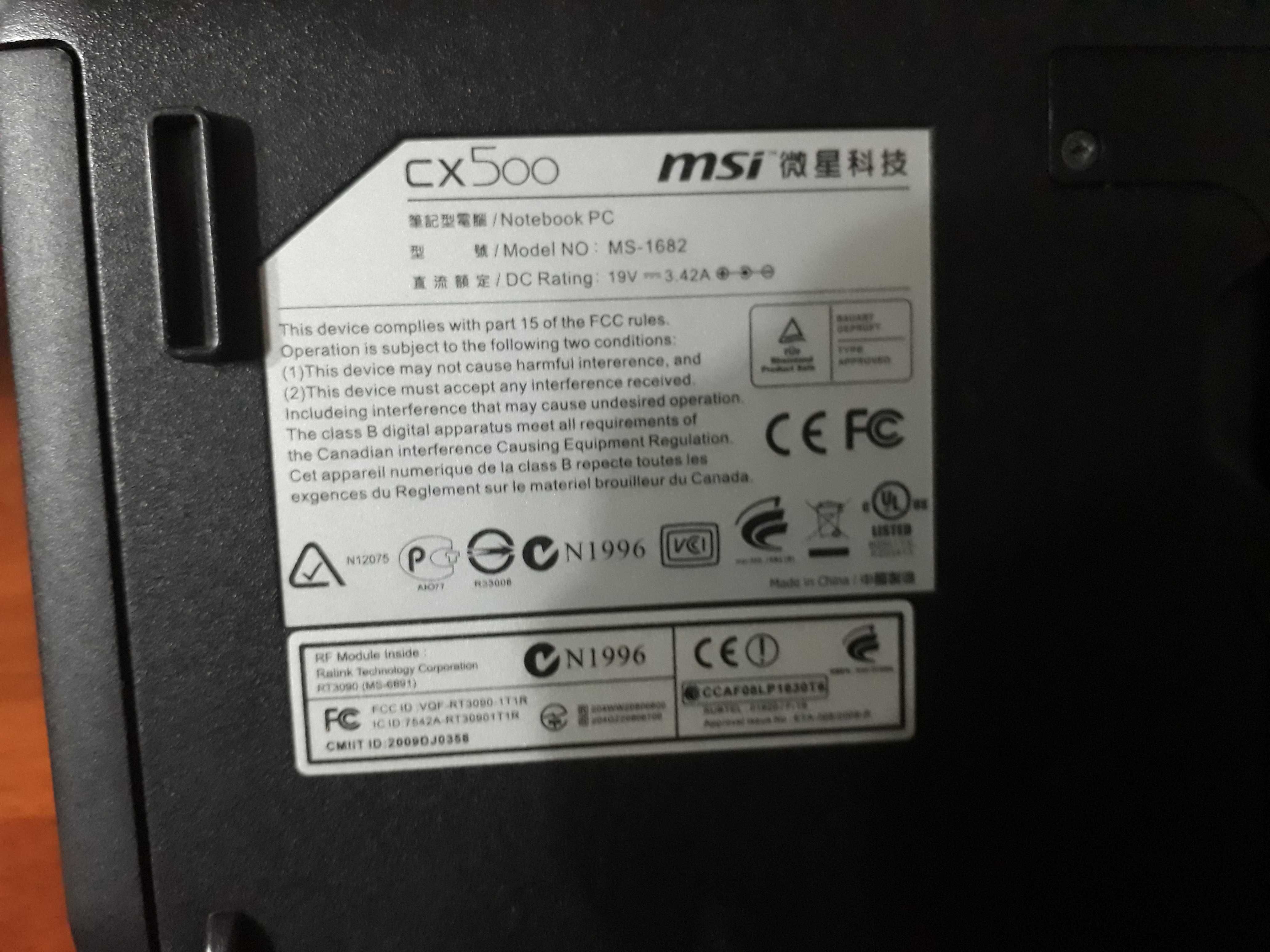 Продам ноутбук msi модель 1682 CX 500