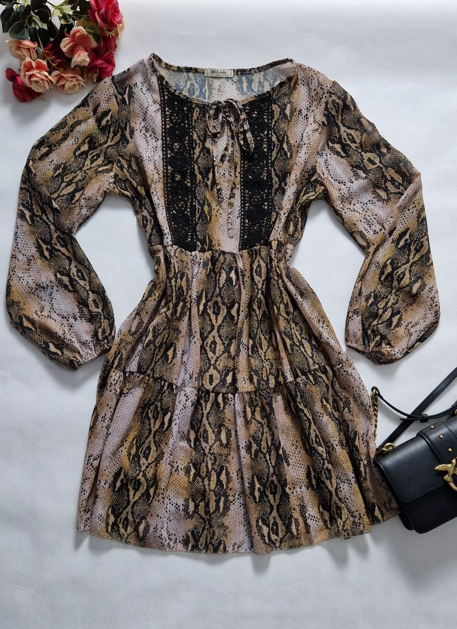 Sukienka luźna zwiewna skóra węża beżowo razowa animal print S/36