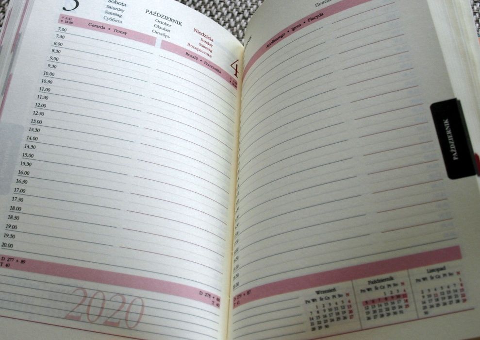 Kalendarz książkowy, terminarz 2020, A6, brązowy, szary pas deko