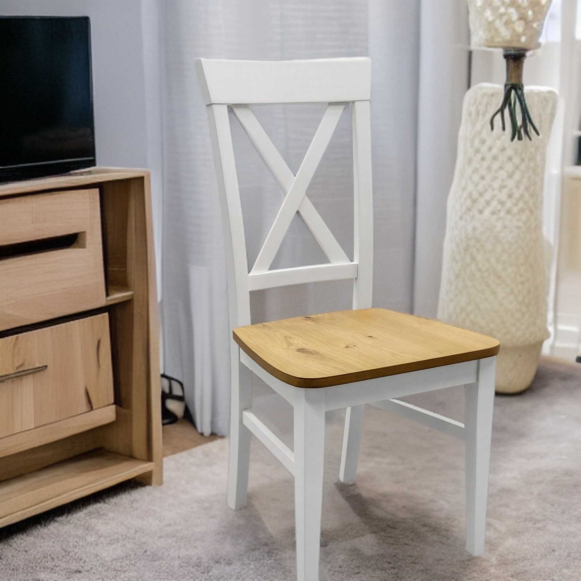 Eleganckie Białe krzesło K140 oparcie X drewniane siedzisko