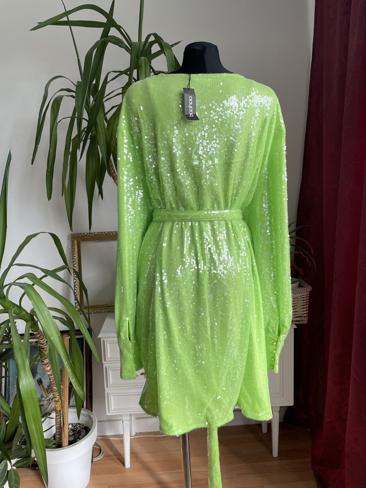 Boohoo cekinowa sukienka limonkowa mini kopertowa 48 4 xl