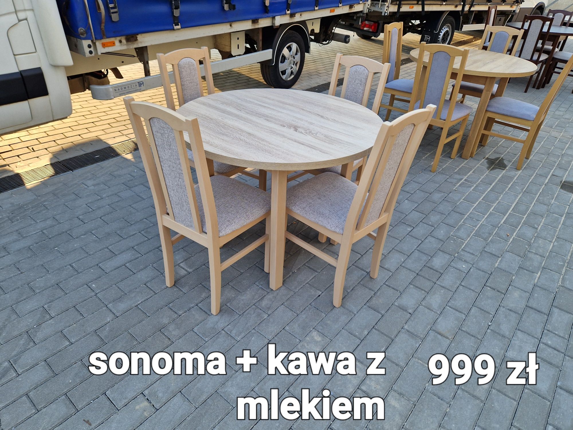 Nowe: Stół okrągły + 4 krzesła, sonoma + kawa z mlekiem , transPL