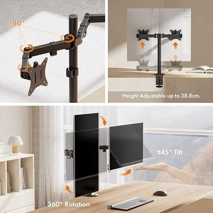 VonHaus uchwyt biurkowy na 2 monitory 13–32", czarny, uchylny