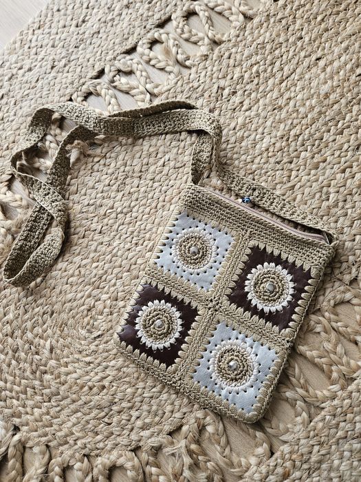 Mini Torebka damska Szydełkowa Boho Patchwork Brąz Srebro