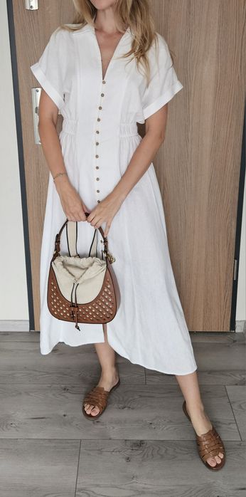 Sukienka letnia midi biała len wiskoza Zara