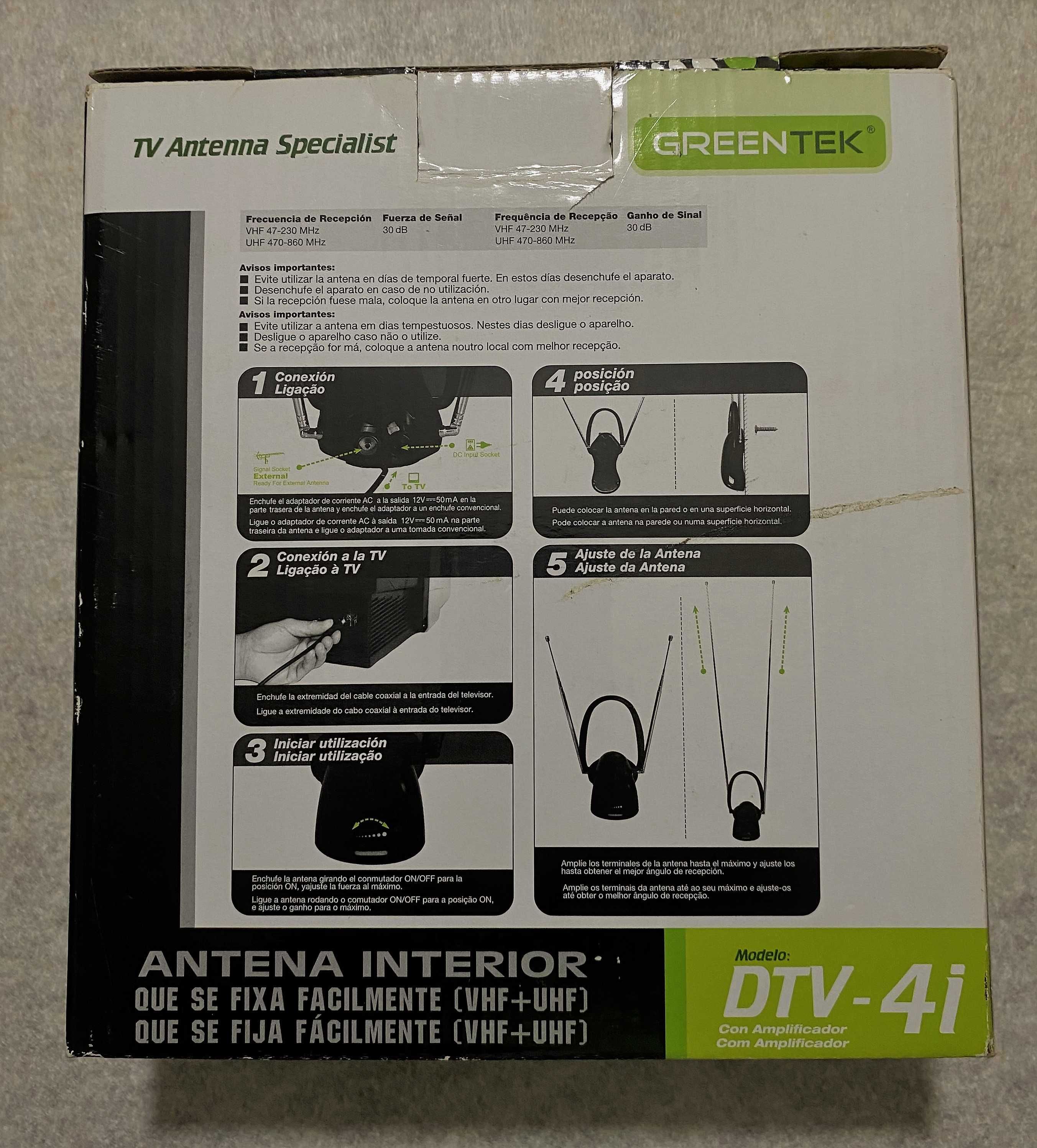 Antena Interior GREENTEK DTV-4i (VHF+UHF) Com Amplificador - Pouco Uso