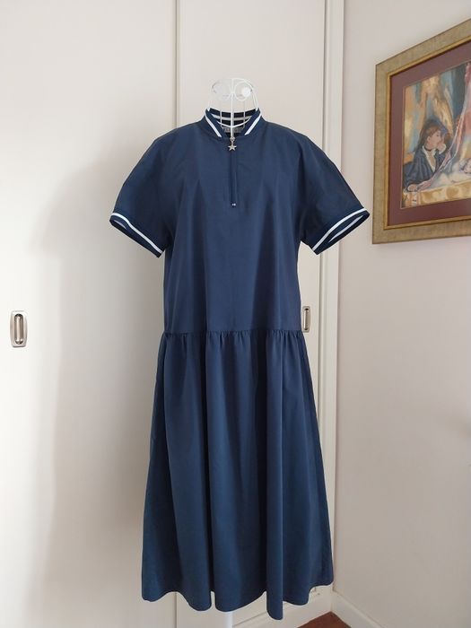 Vestido manga curta | midi | azul escuro | Kling | Tamanho S grande