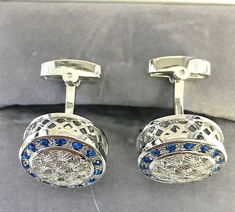 Botões de punho em aço cristais brancos e azuis novos