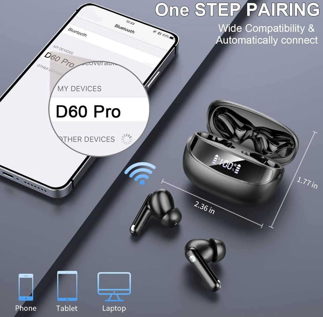 Słuchawki douszne bezprzewodowe Bluetooth 5.4 z mikrofonem  D60 pro