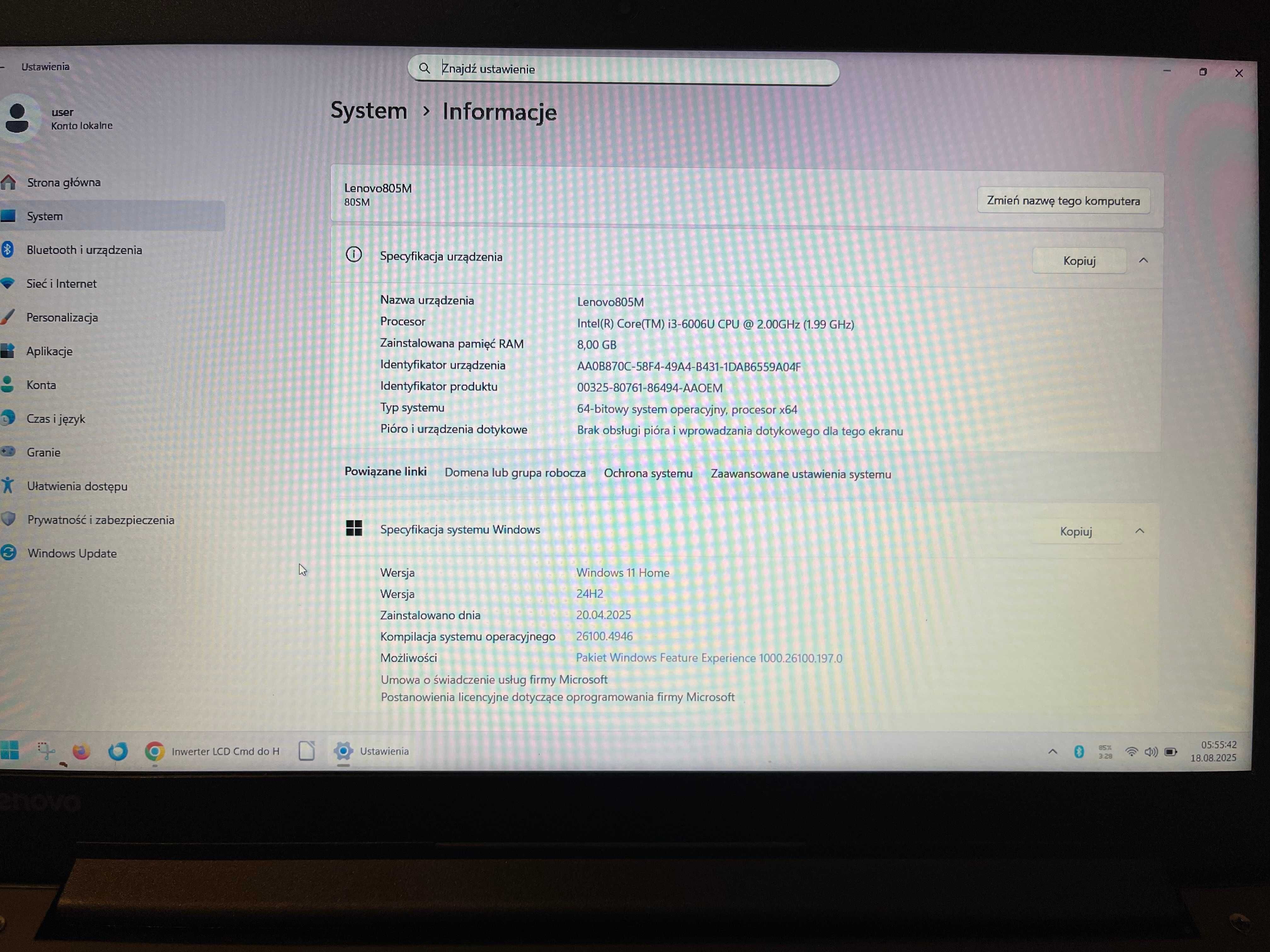Lenovo ideapad 310-15ISK, I3-6006U, 8GB RAM, SSD 250GB, WIN11