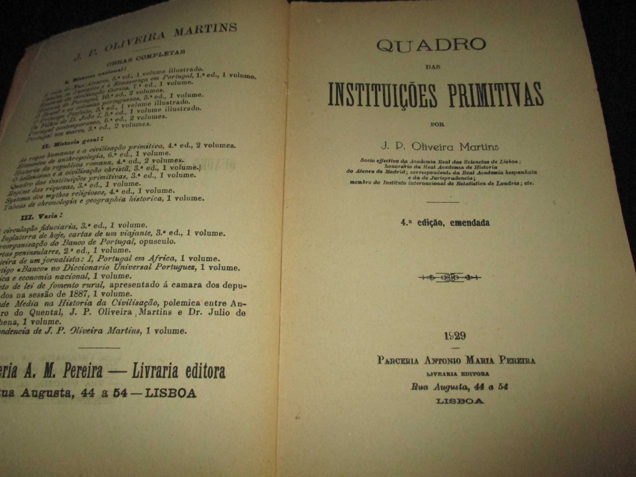 Livro Quadro das Instituições Primitivas Oliveira Martins 1929