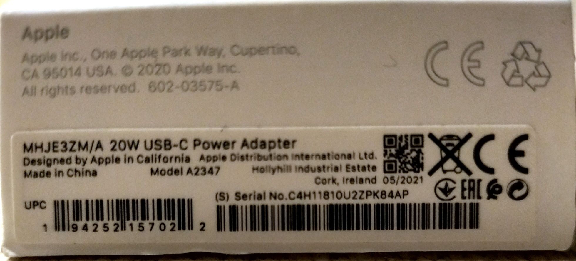 Ładowarka sieciowa Apple 20W oryginał USB-C Biały