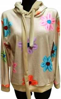 komplet dres beżowy welurowy w kwiaty spodnie bluza z kapturem