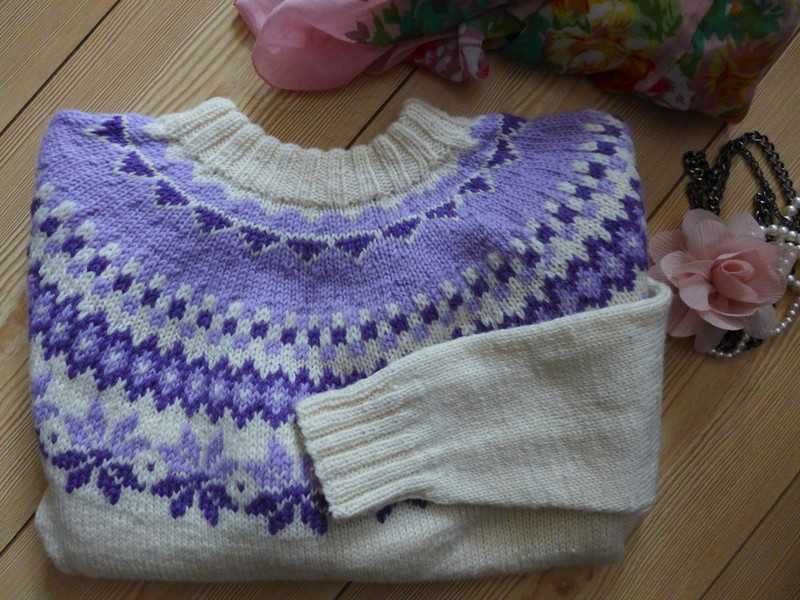 Żakardowy wzór islandzki Fair Isle SWETER handmade XS 34 lopapeysa