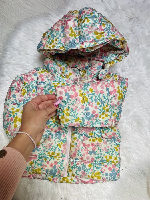 Kurtka wiosenna ocieplana kożuszek kaptur kwiaty h&m 74