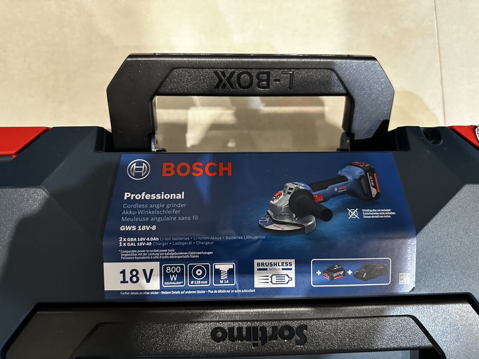Bosch szlifierka kątowa GWS 18v-8 125mm, 2xGBA 4Ah, GAL  18v-40 L-BOXX
