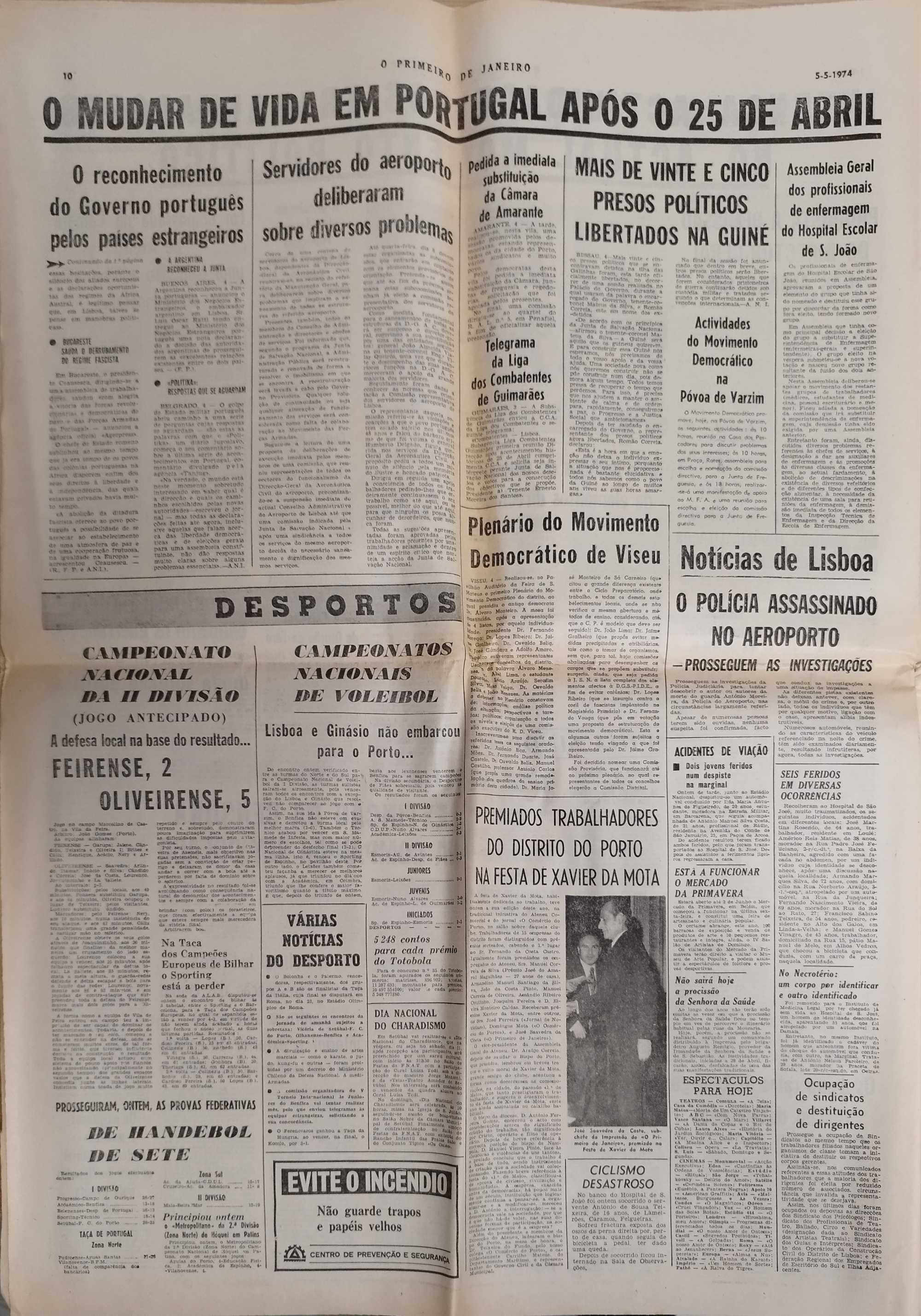 Jornal "O Primeiro de Janeiro" de 5 Maio 1974- após a revolução